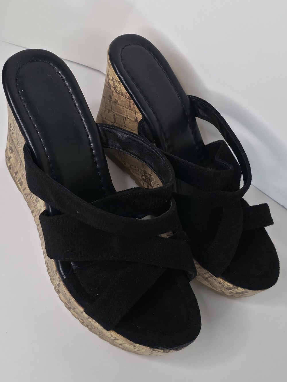 Artisan Custom Black Criss Cross Wedge Sandals Platform Mules Size 37 NEW